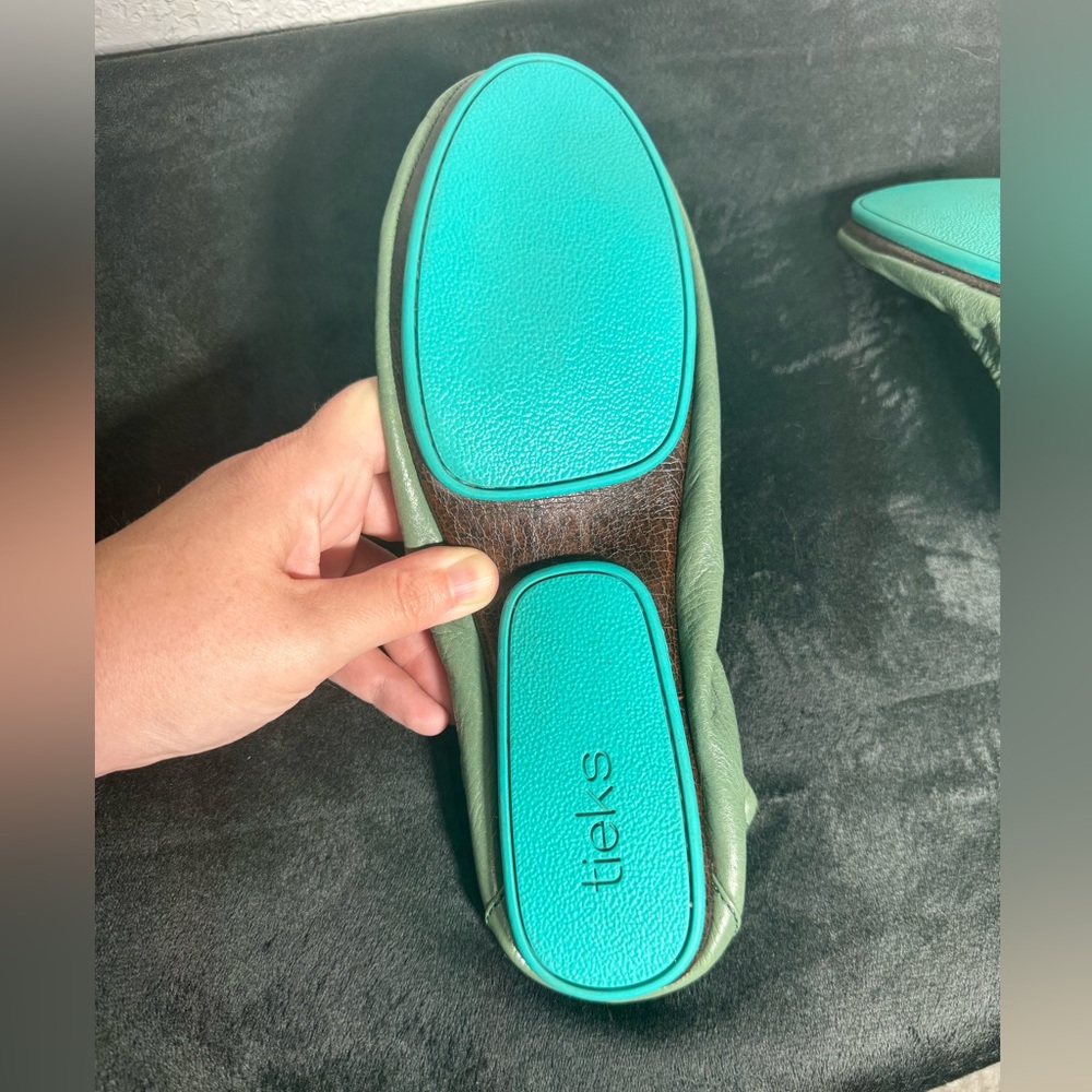 Tieks Women's Leather Ballet Flats in Sage Green with Teal Trim - Picture 6 of 10